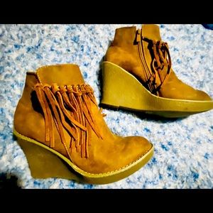 Corky’s Faux Suede Fringe Wedge Boots